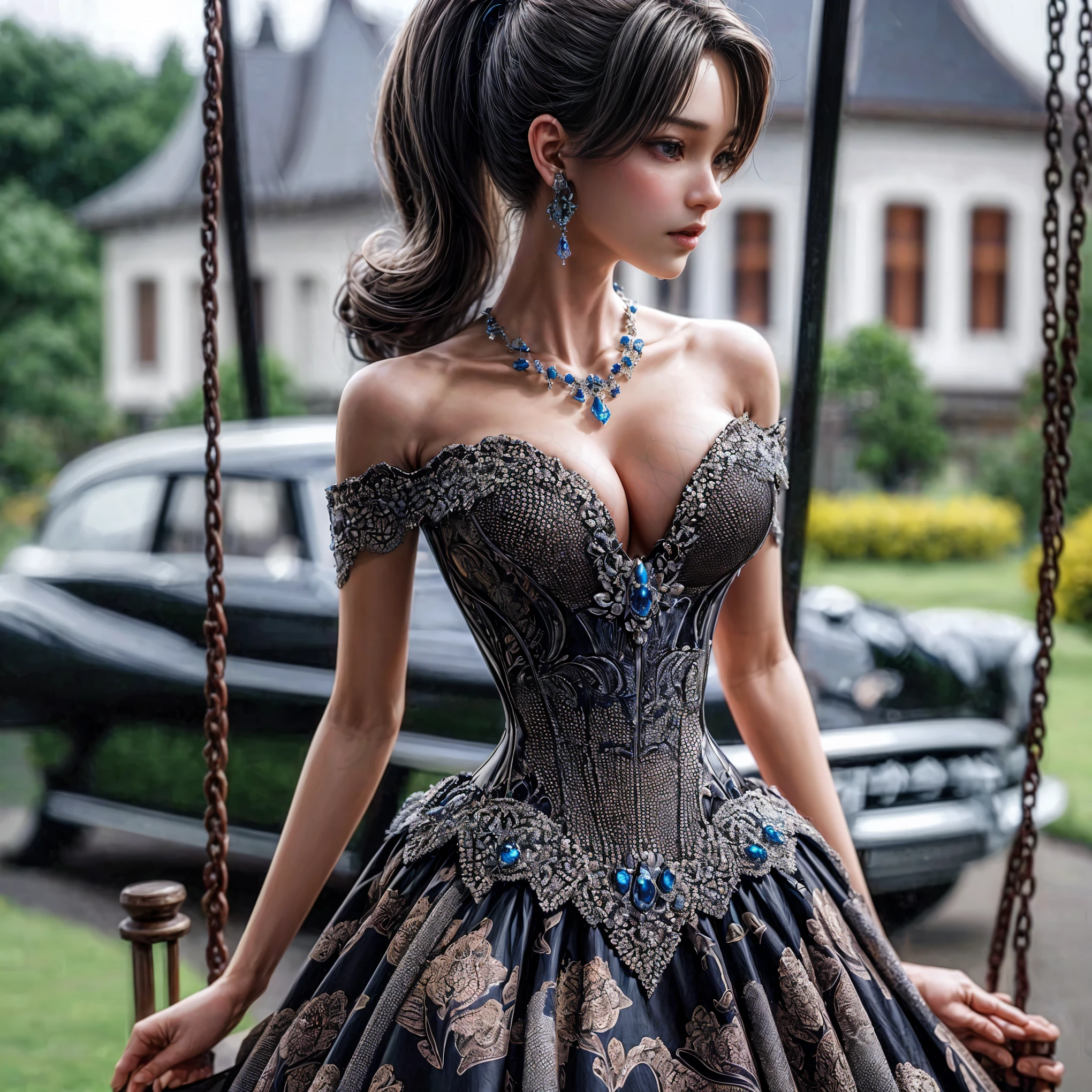 (Extreme HDR) (cinematic effect) Photo of an asian woman gigantic Breast with long hair flowing in the wind, wearing a black batik patterned costume, a V-cut strapless corset style batik dress made of carbon patterned satin, a very narrow and stiff V-cut waist decorated with blue jewels, a luxurious long skirt, looks beautiful and stunning, very realistic and detailed, with a royal palace in the background, sitting on a swing, behind it is a black classic car. hyper realistic, hyper detail clothing, Detailed gemstones, masterpiece, best quality:1.2),,(8k,highres,RAW photo,realistic,photo-realistic:1.3),(detailed skin texture,detailed cloth texture, beautiful detailed face:1.25),professional lighting,photon mapping,beautiful soft light,radiosity,physically-based rendering,raytracing, model shoot style, model shoot style, (extremely detailed CG unity 8k wallpaper), full shot body photo of the most beautiful artwork in the world (NSFW), (Nude), (Naked), (carbon fiber corset) (veiny breast) (steampunk corset) (water reflection on the dress)