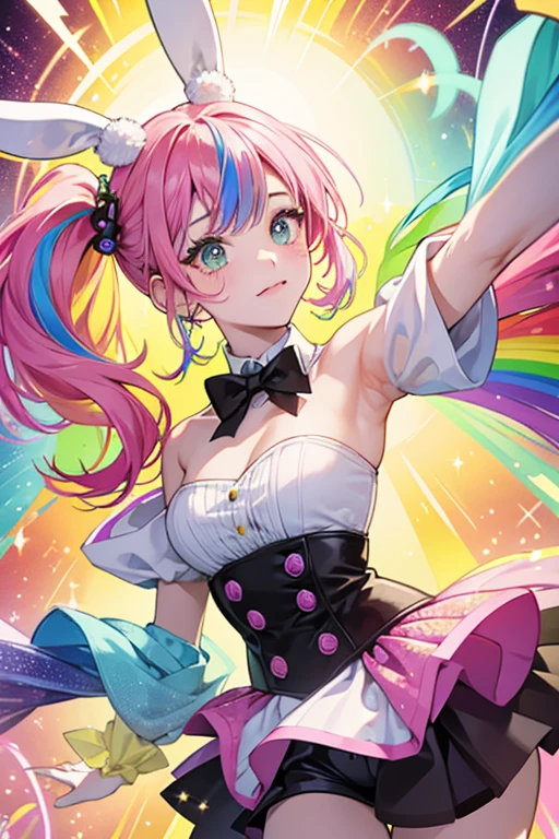 Ebby is a rainbow girl bunny with yellow, blue, pink, purple, and green colors swirling all over her body. She has hot pink cheeks and black whiskers. SPARKLE; GLITTER