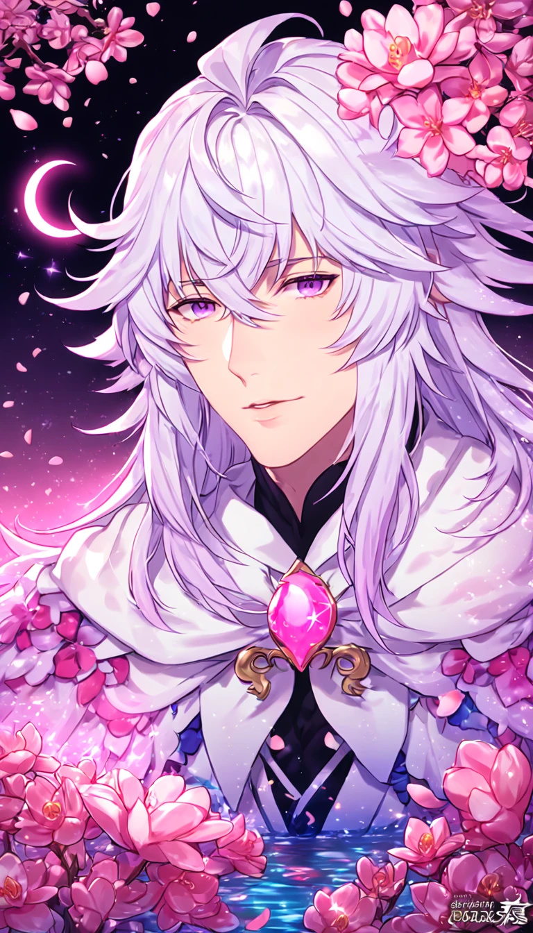 absurdres, highres, ultra detailed, HDR, master piece, Merlin, white hair, long hair, expressive light purple eyes, white tunic, white cape, Fate Gran Order, sexy man, handsome, best quality, pink glittering crescent moon, pink flowers, fantasy, magical, solo, water, pink shining fireflies, pink petals, sensual, horny, manly man, pink powers, pink crystal, close up