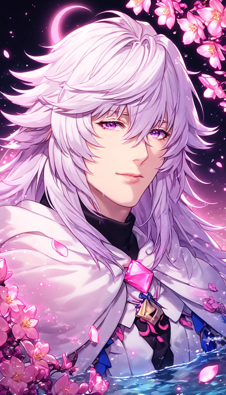 absurdres, highres, ultra detailed, HDR, master piece, Merlin, white hair, long hair, expressive light purple eyes, white tunic, white cape, Fate Gran Order, sexy man, handsome, best quality, pink glittering crescent moon, pink flowers, fantasy, magical, solo, water, pink shining fireflies, pink petals, sensual, horny, manly man, pink powers, pink crystal, close up