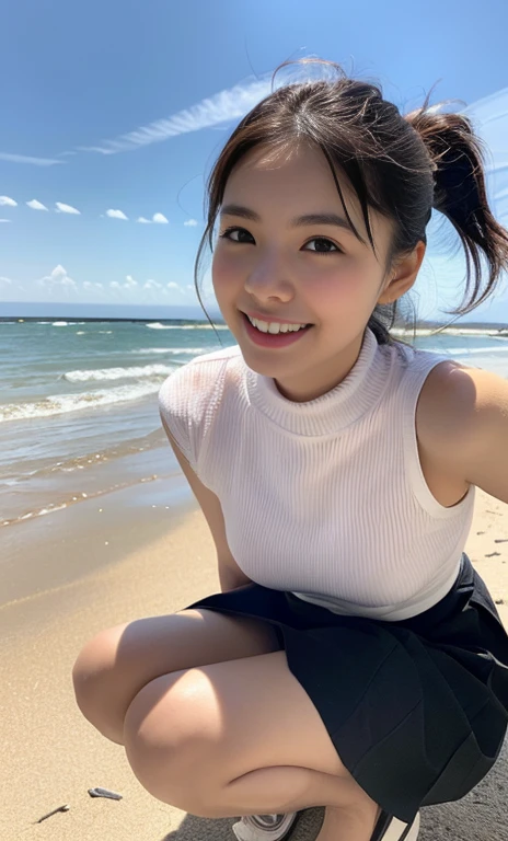 (a gorgeous asian lady, age 20s, wearing a wet oversized white high-neck polo-shirt, pleated skirt, squatting at a polluted beach, removing trash plastic, Beach Cleanup, Ocean Cleanup, (beach by the sea:1.2),

Hopeful expression, kind smile, dimpled cheeks, short ponytail, short bob hair, cute snaggleteeth, ample round bosom, perfect body anatomy, photorealistic, beautiful detailed eyes, 

hyper-realism, high contrast, ultra HD, realistic skin textures, top image quality, top-quality, super high resolution, fine details, serene ambience, very meticulously, high angle shot, medium shot, cowboy shot, sun rays, lens flare, SFW)