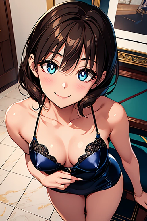 Megumi Amano、Shiny brown hair, short hair, Beautiful Blue Eyes、Small waist、Small breasts、Modest chest、smile、Sparkling eyes, (fine grain)、Very fine eye、Highly detailed face, Highly detailed eyes, Cowboy Shot、


 Only one female, Are standing, From above, look up, (Black evening dress) stylish, Long hem, (Mature Woman:0.8),   優しいsmile, (Masterpiece Top quality:1.2) Delicate illustrations, super detailed,  (Luxury venue) indoor, Glossy marble floor, Detailed Background