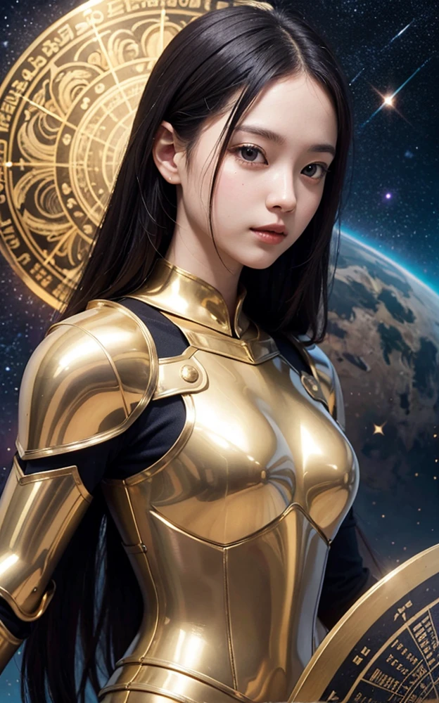 Superb ink drawings、Please draw a beautiful young knight.。Her golden armor、It emits a brilliance that seems out of this world.、The surface is engraved with a complex pattern that resembles a celestial map.。Her hair is as beautiful as liquid gold.、It is integrated into the armor.。She&#39;s on a cliff、It has a tsuba (guard) modeled after a dragon&#39;s head.、Holding aloft a slender golden sword、A sun relief is placed in the center、He holds a circular golden shield on his left arm.。The blade has、Ancient characters engraved、It shines reflecting the sun's rays。In the center of the shield is、Ruby embedded、It emits a mysterious light。Fill the entire background with an elaborate sky temple floating in the clouds。