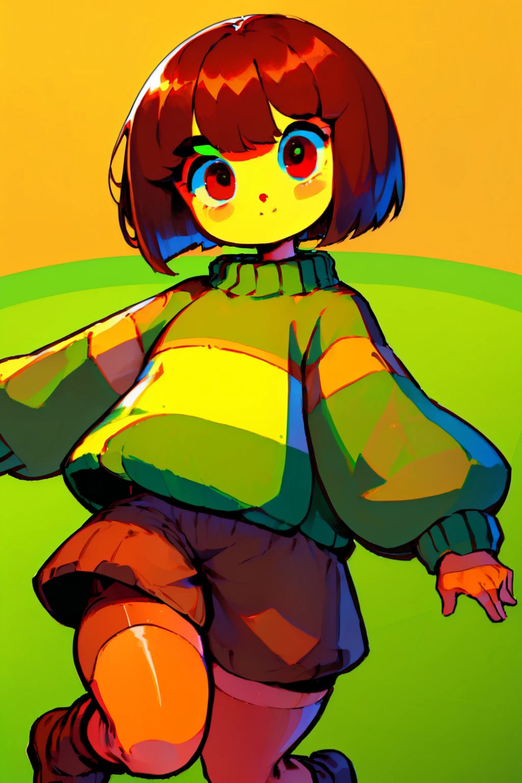 ((Best quality)), ((Masterpiece)), (Detailed), Brown hair, (brown shorts: 1.3), overall shorts, Bob cut, (big eyes: 1.3), (round eyes: 1.3), :), wide smile, closed mouth, Short hair, white thigh highs, (Green sweater: 1.3), Red eyes, (1girl: 1.3), (Solo: 1.3), Green striped sweater, thick thighs, facing camera, surprised, wide-eyed, arms outstretched, 