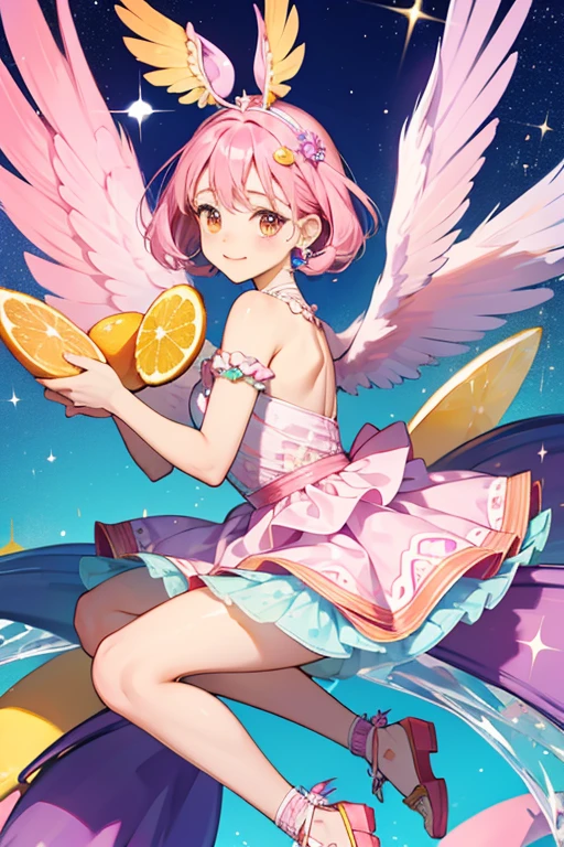 Chata is a pink girl with a fuchsia, blue, and orange citrus slice pattern, a yellow beak, crest, and wings, and purple feet. SPARKLE; GLITTER