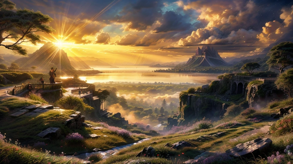 a beautiful large deep clear glowing blue lake in a steep valley with huge dramatic mountains towering in the distance,fantasy fairytale, rocks plants flowers shrubs trees moss lawns grass redwoods vines weeds,colourful sunset storm and strong sunbeams,misty hazy,extreme details,photorealistic,4k,HD,beautiful,nature, dreamy, imaginative, incredible panorama, epic landscape