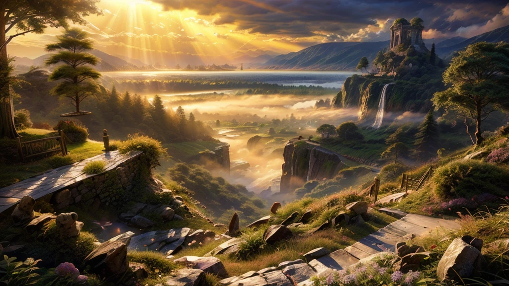 a beautiful large deep clear glowing blue lake in a steep valley with huge dramatic mountains towering in the distance,fantasy fairytale, rocks plants flowers shrubs trees moss lawns grass redwoods vines weeds,colourful sunset storm and strong sunbeams,misty hazy,extreme details,photorealistic,4k,HD,beautiful,nature, dreamy, imaginative, incredible panorama, epic landscape