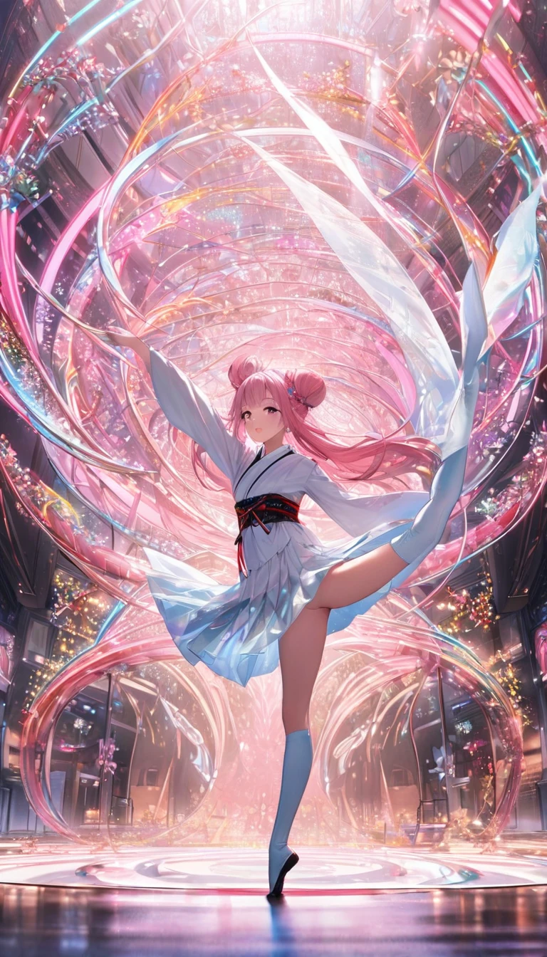 ((masterpiece))、(((Highest quality)))、((Super detailed))、((An illustration))、Attention to detail、Highly detailed CG unity 8k、High resolution、美しいAttention to detail目、Attention to detail、美しいAttention to detail目,One girl,alone,Are standing_Split,whole body, Photo of a Japanese woman in her 20s,(Hair Ribbon:0.4), Pink Eyes,(((White bun hair))),(((Pink long hair))),Made of glossy white and silver translucent glass and plastic, Geisha makeup and hairstyle, Silver metal interior, Dynamic pose, Flow organic structure, A sparkling golden circuit, colorful Neon decoration, Light emitting circuit, Neon decoration, Depth of Field Focus F/2.8, H&#39;art.right. liver, Greg rightutowski