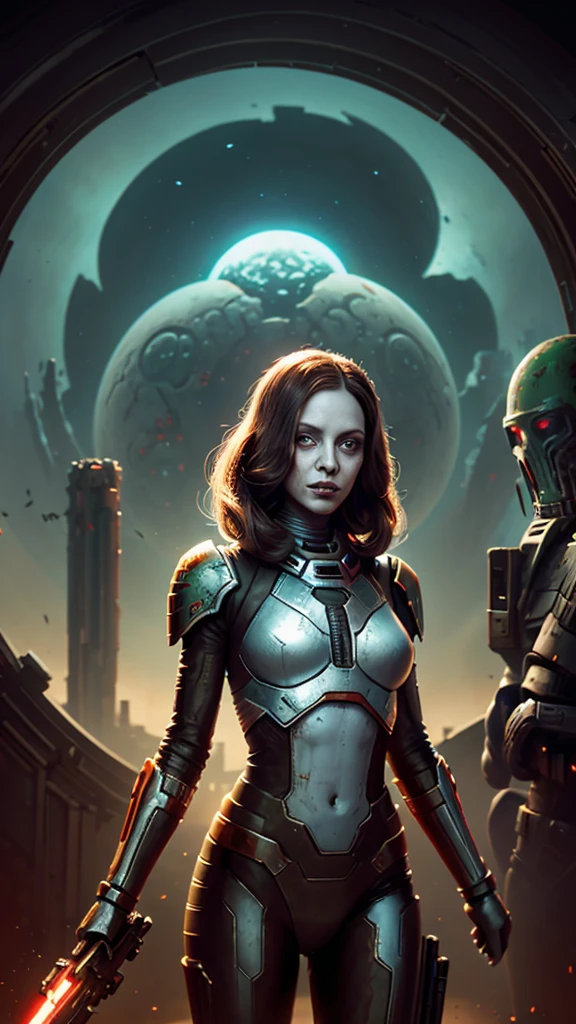there is a woman holding a gun in front of a spaceship, ruined empire on the background, official character art, zombie from doom eternal, orianna, painting of c - 3 p 0, inspired by Sargent Johnson, heaven planet in background, juno promotional image, full helmet
