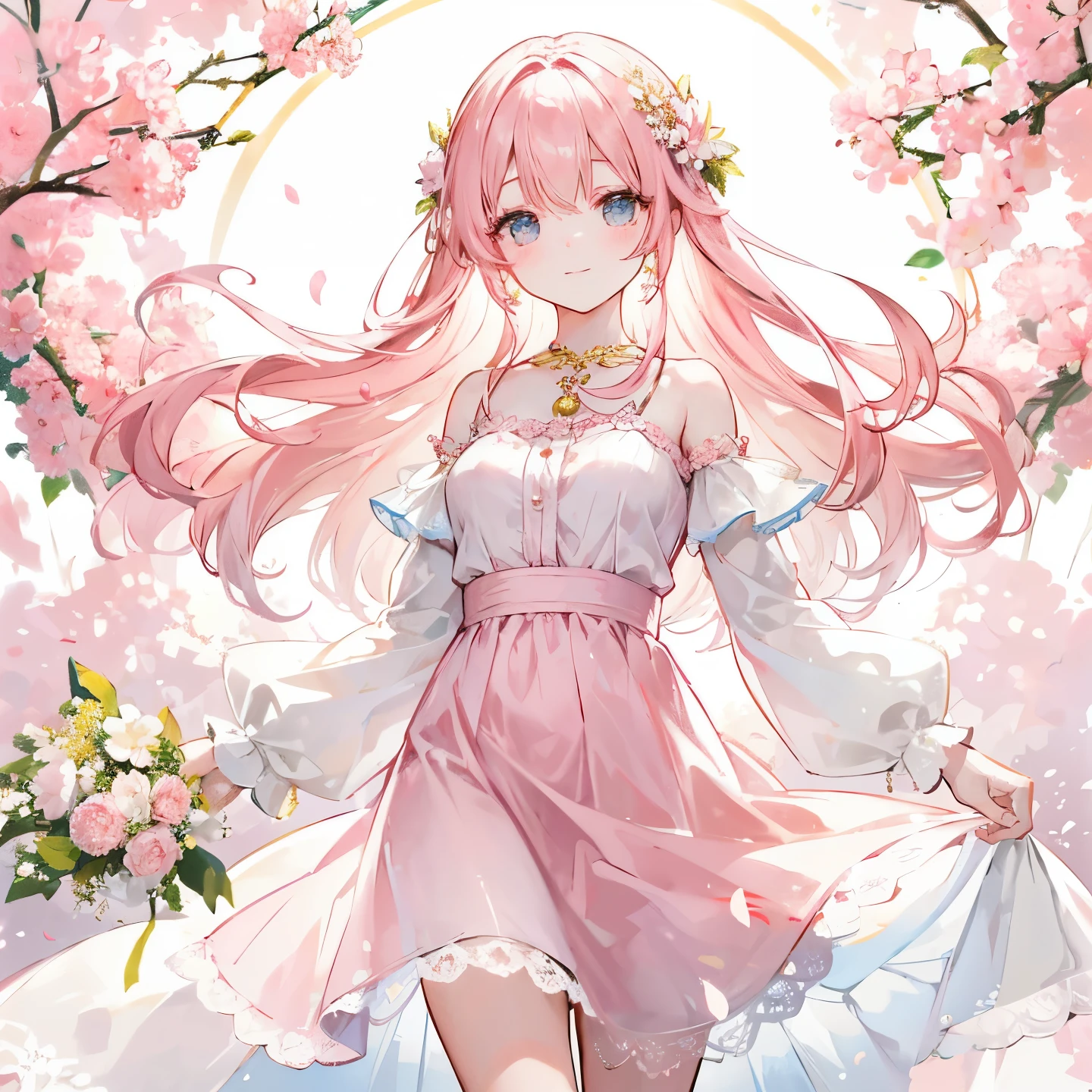 A spring-themed illustration of a young woman in her early 20s, characterized by her shoulder-length, softly wavy hair in a light pink color. She has large, gentle eyes and a soft smile, with bright, healthy pinkish skin. Her outfit is a light, spring-inspired dress, such as a pastel pink or white floral-patterned dress, complemented by a delicate gold necklace and small flower-shaped earrings. The woman is either lightly walking or softly smiling, holding a small bouquet of flowers or a flower bud in her hand.
The background should feature solid pink tones, such as light pink or pastel pink, using soft tones to convey the freshness of spring. The overall mood of the illustration should be light and refreshing, evoking the warmth and new beginnings of the season. Soft natural light should illuminate the character, creating a bright and uplifting atmosphere.
