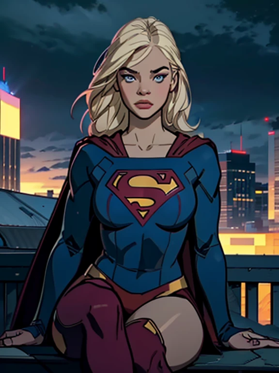 supergirl sitting on a rooftop building, wearing Supergirl outfit, lost in deep thought, looking at the city, perfect eye, beautiful highly detailed eyes, beautiful detailed blue eyes, both eyes are similar, beautiful detailed lips, extremely detailed face, long eyelashes, beautiful detailed tight costume, tight figure, blonde hair, big round breasts, voluptuous breasts, dynamic pose, cinematic lighting, epic cityscape, moody atmosphere, dramatic shadows, vibrant colors, photorealistic, 8k, best quality, hyper detailed, masterpiece