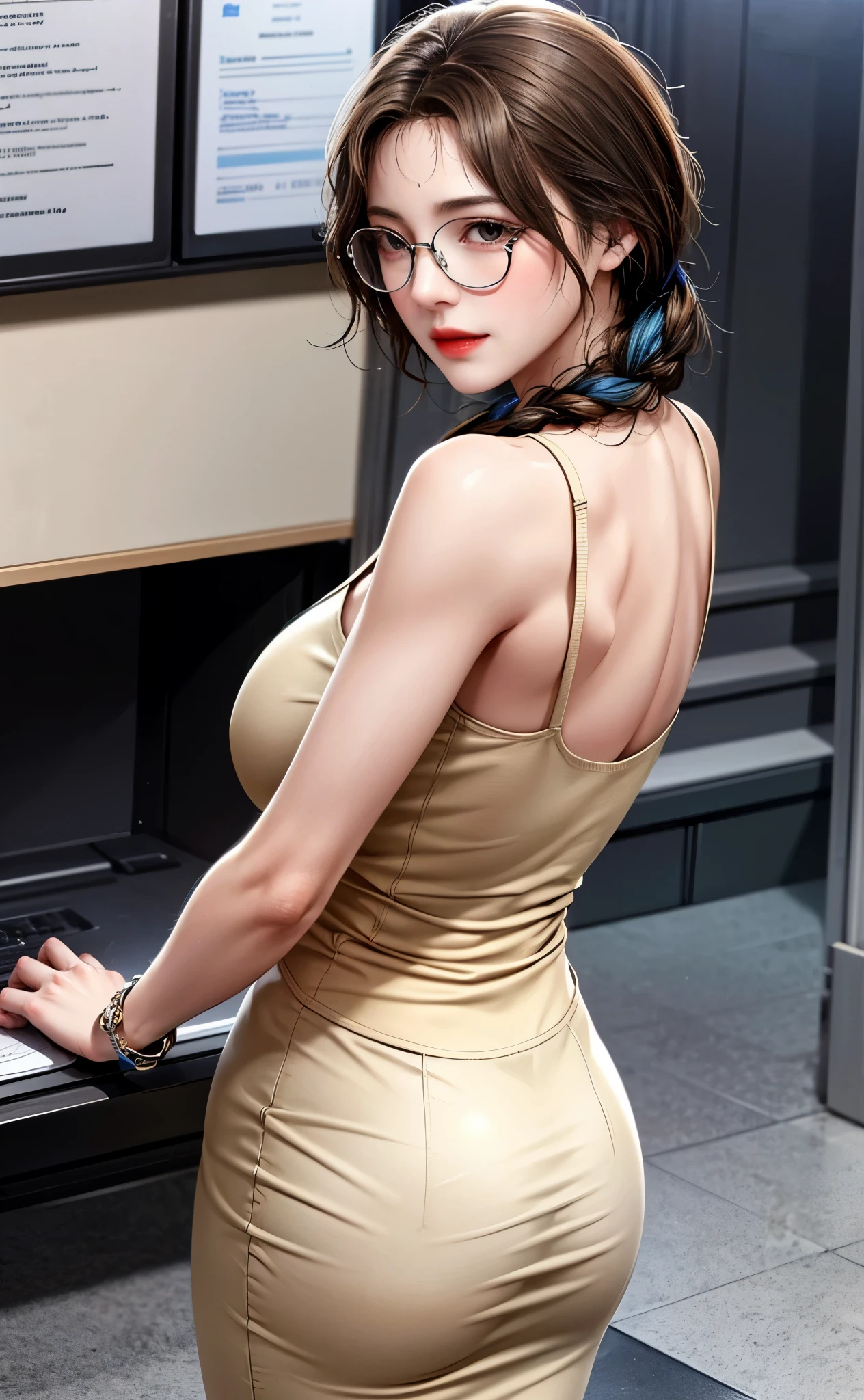 Professional, High level of detail, close up photo (attractive mature 45yo woman:1.3),ray tracing, natural lighting, (blushing:1.1 ), (classy, elegant, dandy)1.2, (white colour), perfect face, flower  dress with black blazer,  long pencil skirt, (((glasses, covered))), big breast, cleveage, Slim Face,(mature) , Pretty Lady,  smile eyes, see full image, bracelet, (at stairs), view from behind, loose hair