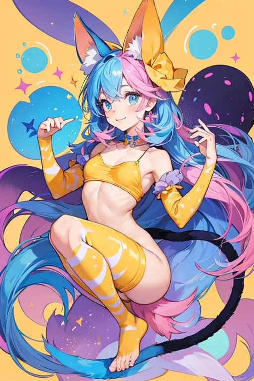 Fetti is a girl cat with blue ears, feet and tail. Her body is covered in spots of orange, yellow, pink, purple and blue. SPARKLE; GLITTER