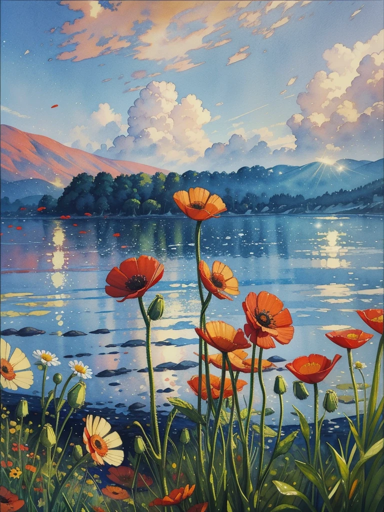 a painting of red and yellow flowers in front of a body of water, a pointillism painting, poppies, detailed watercolor painting, daisies and poppies, watercolors on canvas, romanticism landscape painting, by Anne Dunn, floral splash painting, painting on silk, highly detailed water colour 8k, highly detailed water colour 8 k, watercolor landscape, a watercolor painting, white background