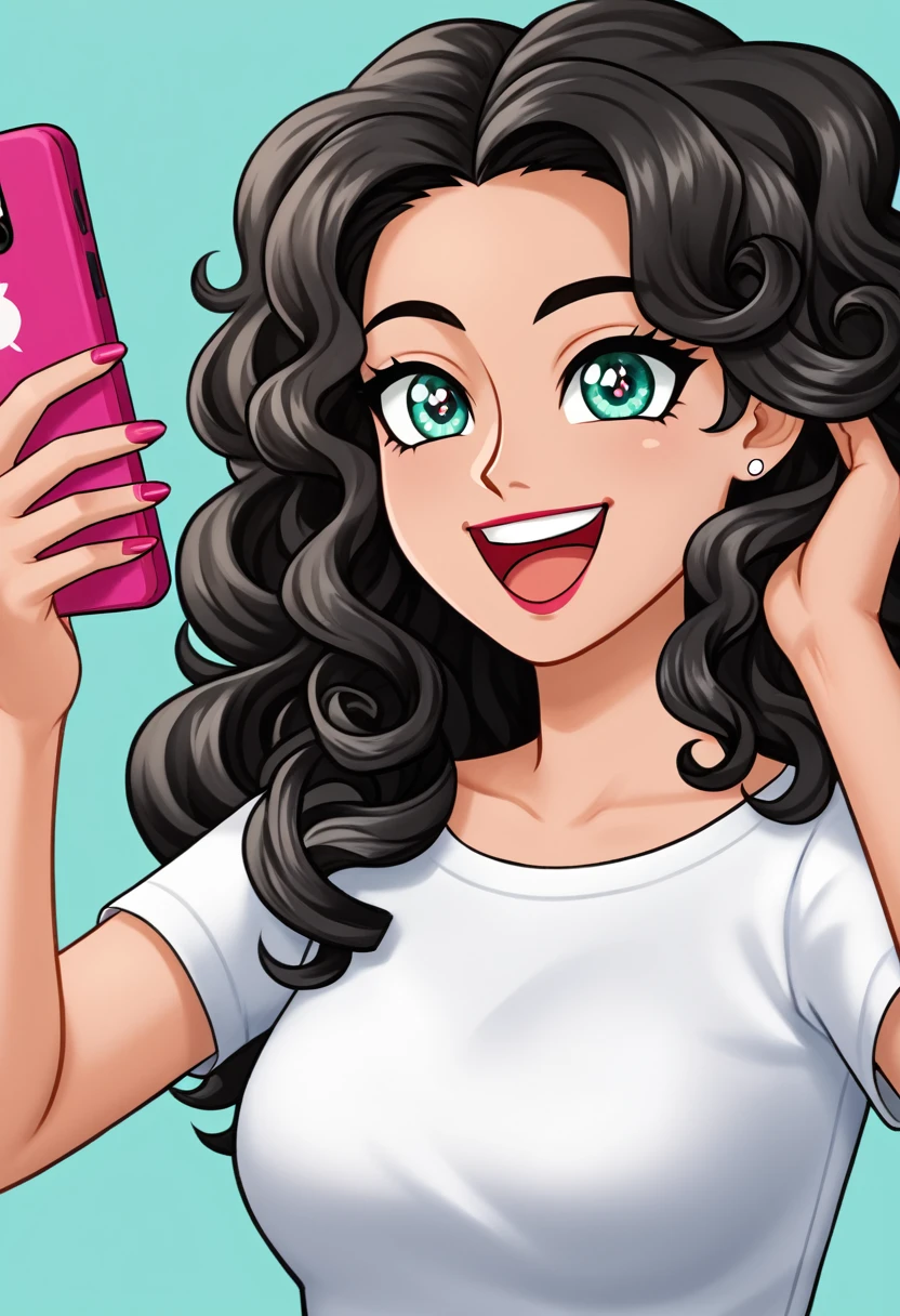 1 , Caucasian skin, dark shaped eyes, longye hair, bangss, Bblack hair, curly hair, laughter, make-up, happy/glad, holding cell phone, high resolution, Masterpiece artwork, High details, high qualiy, ultra HD, pink and aqua background and similar colors