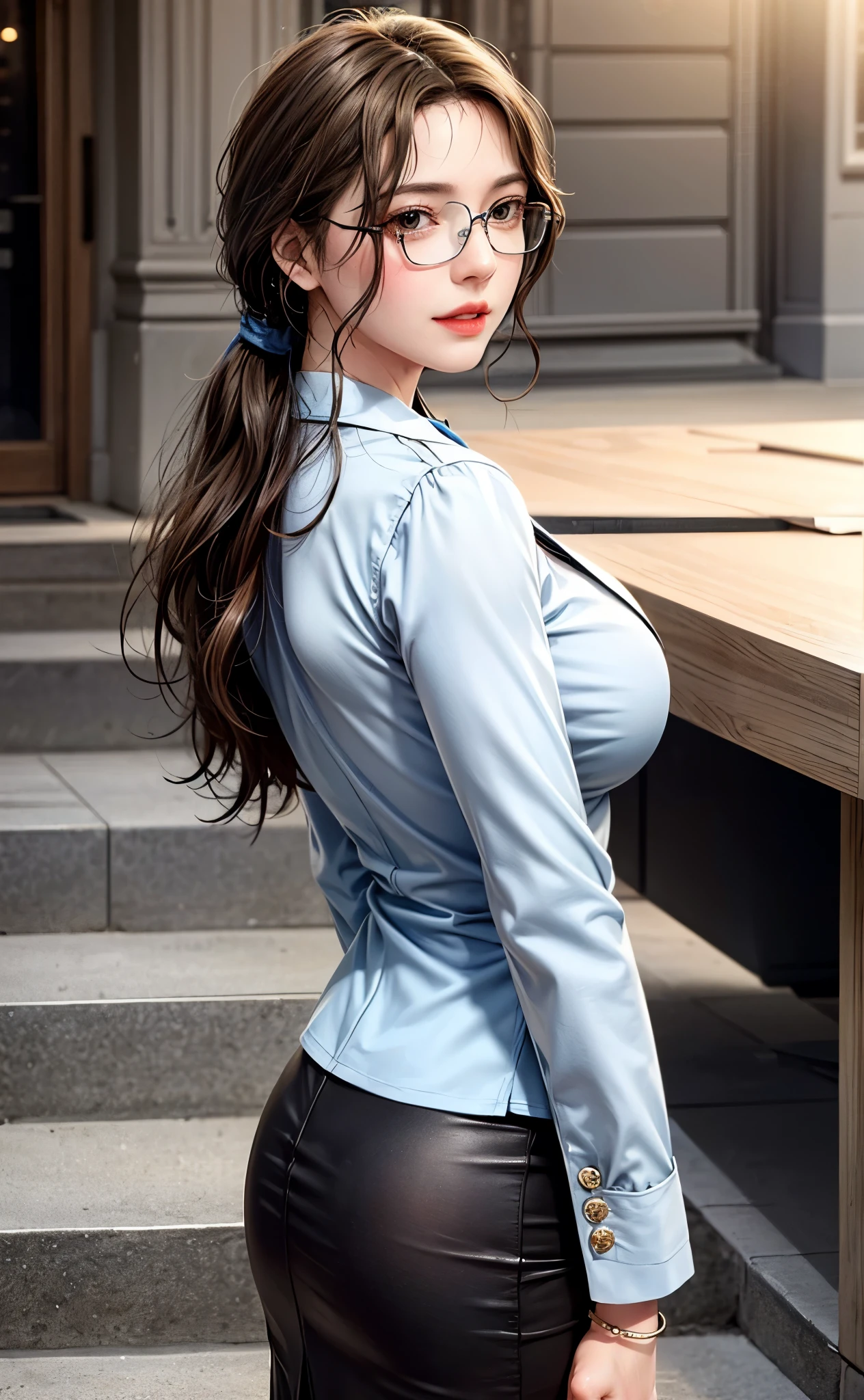 Professional, High level of detail, close up photo (attractive mature 45yo woman:1.3),ray tracing, natural lighting, (blushing:1.1 ), (classy, elegant, dandy)1.2, (white colour), perfect face, flower  dress with black blazer,  long pencil skirt, (((glasses, covered))), big breast, cleveage, Slim Face,(mature) , Pretty Lady,  smile eyes, see full image, bracelet, (at stairs), view from behind, loose hair
