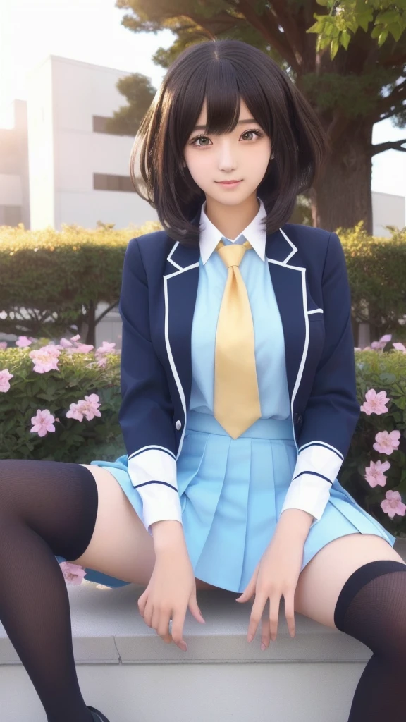 A woman in a suit and tie is sitting on a ledge, a hyper現実的なhigh school girl, hyper現実的なhigh school girl, 現実的なhigh school girl, beautiful anime high high school girl, Anime Girl Cosplay, Real life anime girls, Japanese School Uniform, Japanese girls uniform, かわいいhigh school girl, Professional Cosplay, Attractive anime girl, high school girl, Photorealistic Animation, Enchanting anime girl