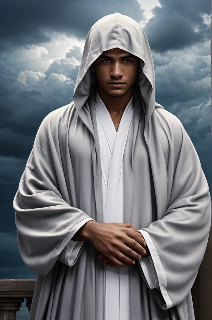 Image of a young man with long robes covering his head, His face is light and his gaze is sad , and his hands are dry , with gray and white clouds background