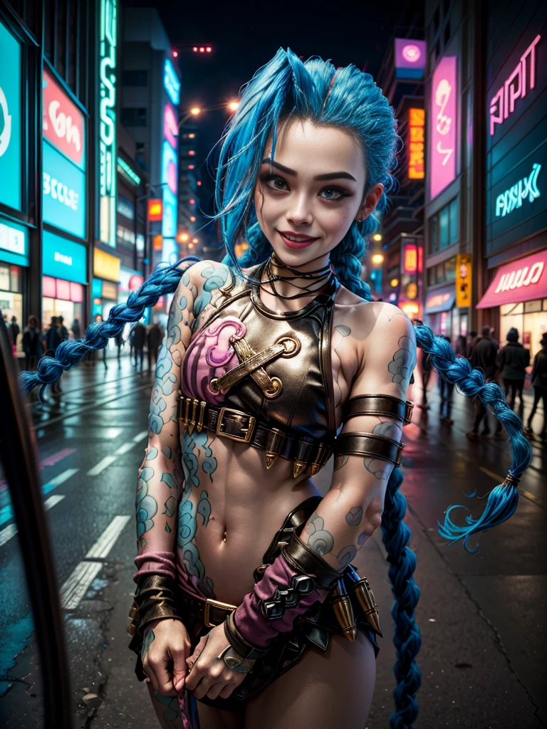 ((Jinx wears a Harajuku Tech costume), Cowboy-shot, wind, tousled hair, cyberpunk cityscape, (Aesthetics and atmosphere:1.2),smiling, Laugh,Super wide shot