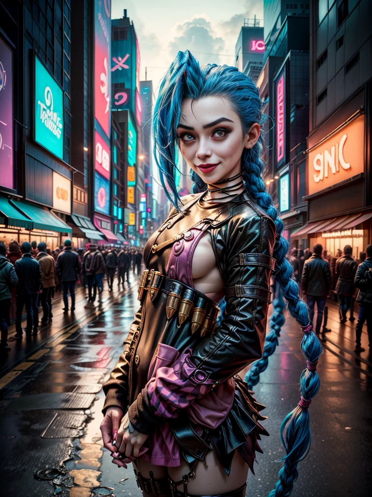 ((Jinx wears a Harajuku Tech costume), Cowboy-shot, wind, tousled hair, cyberpunk cityscape, (Aesthetics and atmosphere:1.2),smiling, Laugh，Super wide shot