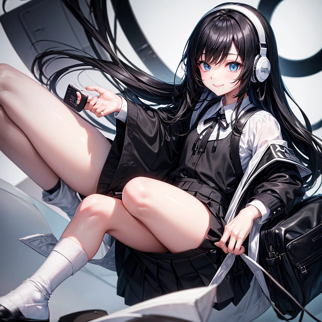 by the wide, black with white, with somewhat elegant clothes,a black skirt,WHITE SOCKS, with a black backpack, with black headphones on the neck, blue eyes, smiling, in a class room. Version anime
