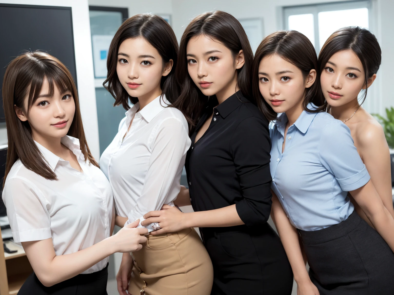 masterpiece, Highest quality, figure, Very detailed, The finer details, High resolution, 8k,wallpaper, Perfect dynamic composition,(Detailed high quality, Realistic depiction of eyes:1.3), (Three Girls), A tight-fitting business shirt with buttons on the collar and chest, Short tight skirt, Seraphim, Short Bob Hair, The background is an empty office, Deep in the field, Black hair color, Big Natural Color Lip, (Perfect figure), (smile)、Harajuku Style、Beautiful Japanese women:1.4), Adorable expression、Expressions of happiness、Very beautiful、Beautiful feet, Idol Sculpture