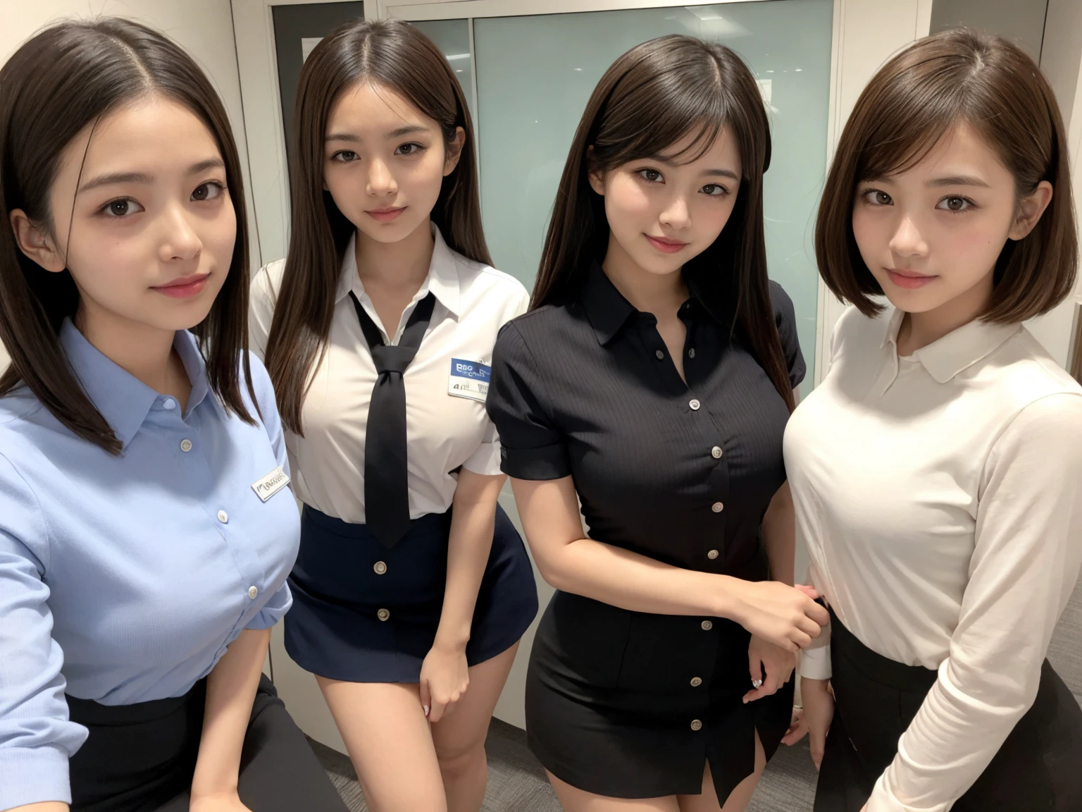 masterpiece, Highest quality, figure, Very detailed, The finer details, High resolution, 8k,wallpaper, Perfect dynamic composition,(Detailed high quality, Realistic depiction of eyes:1.3), (Three Girls), A tight-fitting business shirt with buttons on the collar and chest, Short tight skirt, Seraphim, Short Bob Hair, The background is an empty office, Deep in the field, Black hair color, Big Natural Color Lip, (Perfect figure), (smile)、Harajuku Style、Beautiful Japanese women:1.4), Adorable expression、Expressions of happiness、Very beautiful、Beautiful feet, Idol Sculpture