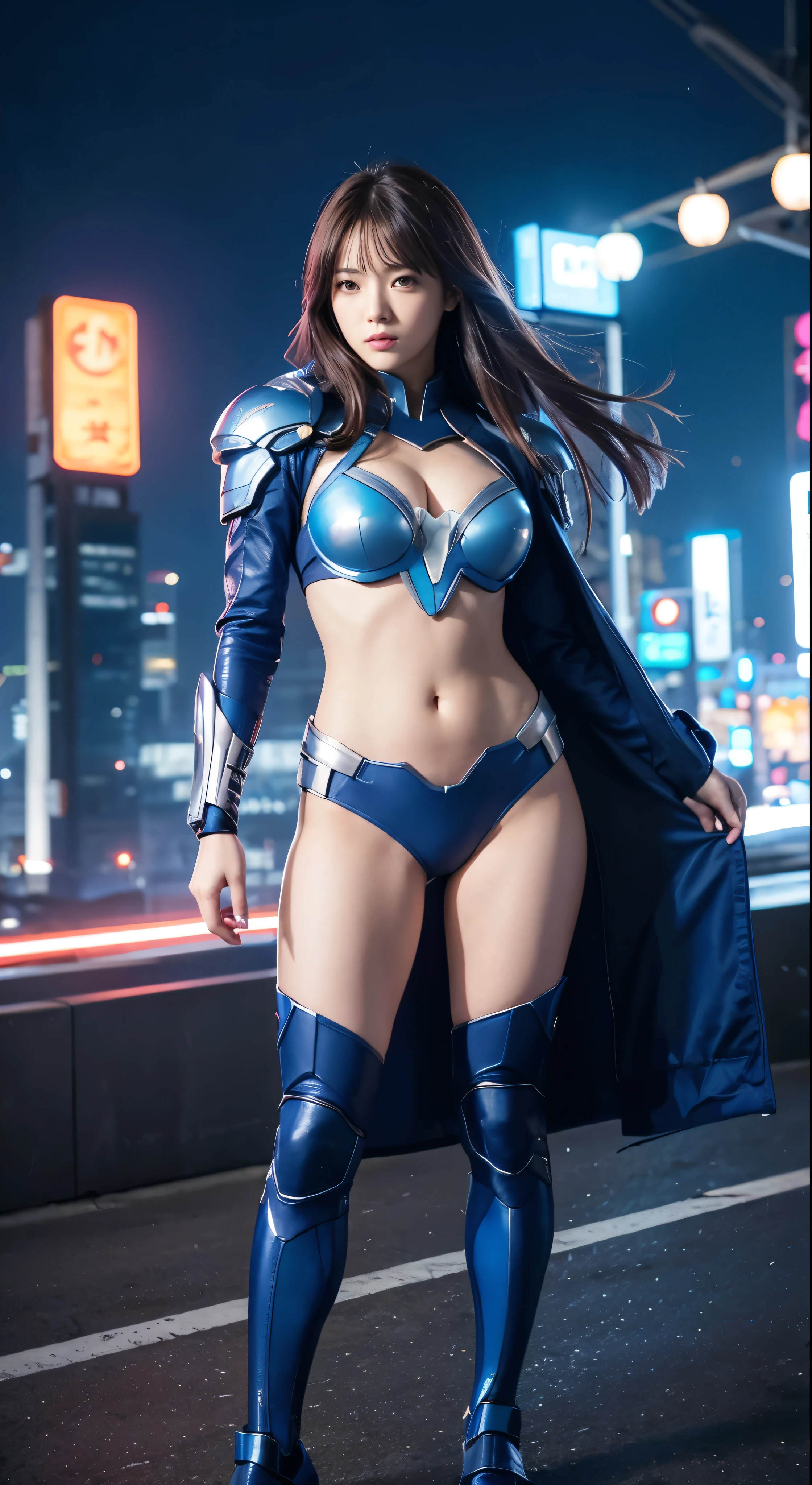 (Representative works)、Image of a flying superwoman，Highest quality、girl、Flying over a cyberpunk city　1girl、flying over stunning cityscapes、White armored suit with the letter S on it、Chestnut Hair、Neon colorの流れ星、Very long hair、Facial details、Feather ornament、Neon color、flash、Stunning night sky、Cinematic lighting、Photorealistic、Realistic Style、HDR、Full body high quality images