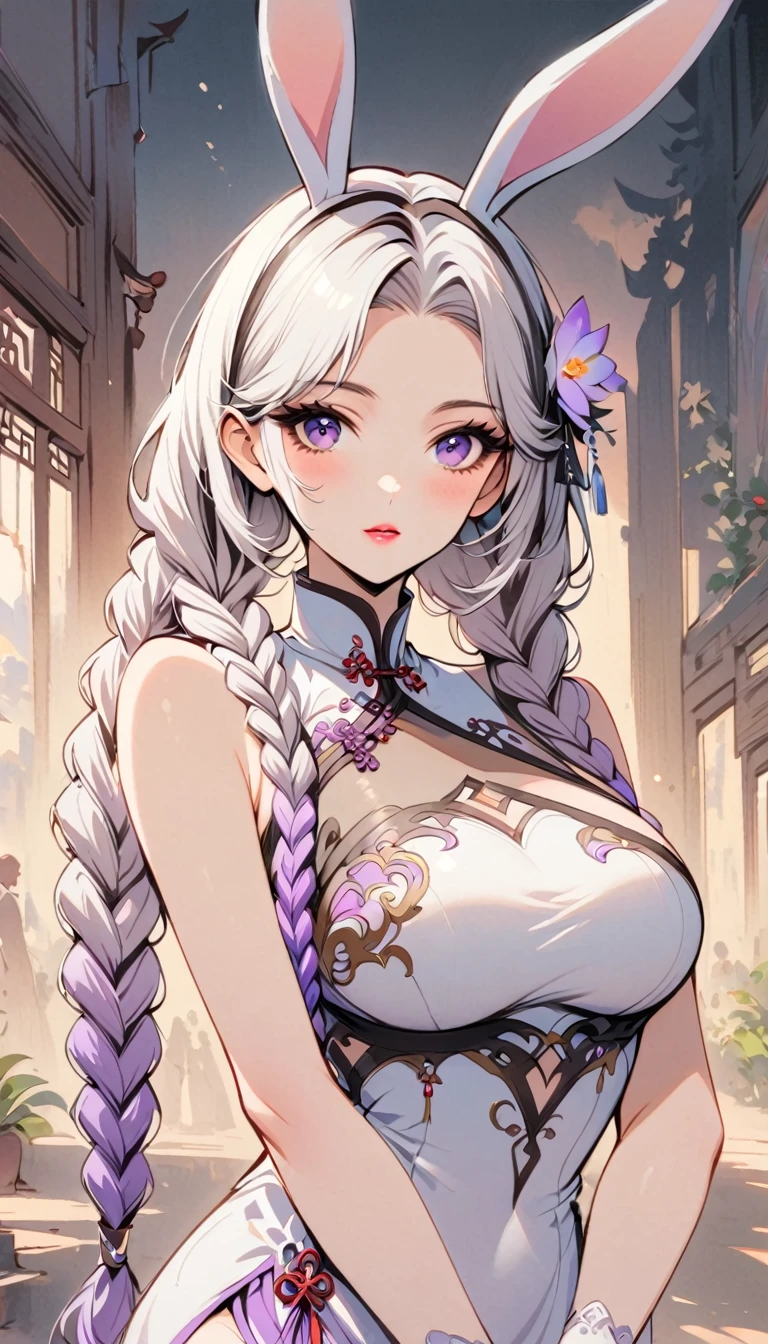 Retro Style, Chinese cheongsam sexy,High-end fashion,A girl, yinji, purple hair, purple eyes, long hair, white hair, double braids, gradient hair,Rabbit Ears,Fine details,Chic and stylish,Perfect makeup,Gorgeous expression,Beautiful and delicate eyes,Beautiful and delicate lips,Professional photography,colorful dress,Fashion Accessories,Brilliant jewelry,Shiny heels,Luxurious fabrics,Elegant embroidery,Exquisite patterns,Tradition and modernity,Focus on cultural heritage,beautiful silhouette,Confidence and elegance,Beautiful movements,The beauty of editing,Fascinating light,Exquisite aura,Beauty and Fashion Event,Motivate and empower,Iconic performance.