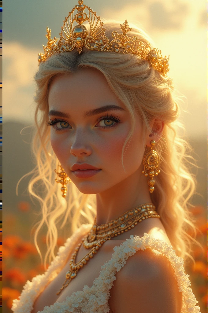 a radiant fantasy landscape, a girl in the center, beautiful detailed eyes, beautiful detailed lips, extremely detailed face, long eyelashes, ornate golden crown, intricate golden jewelry, flowing dress, ethereal glowing aura, sunbeams shining through clouds, vivid colors, dramatic lighting, dramatic cinematic composition, photorealistic, highly detailed, 8k, best quality, masterpiece