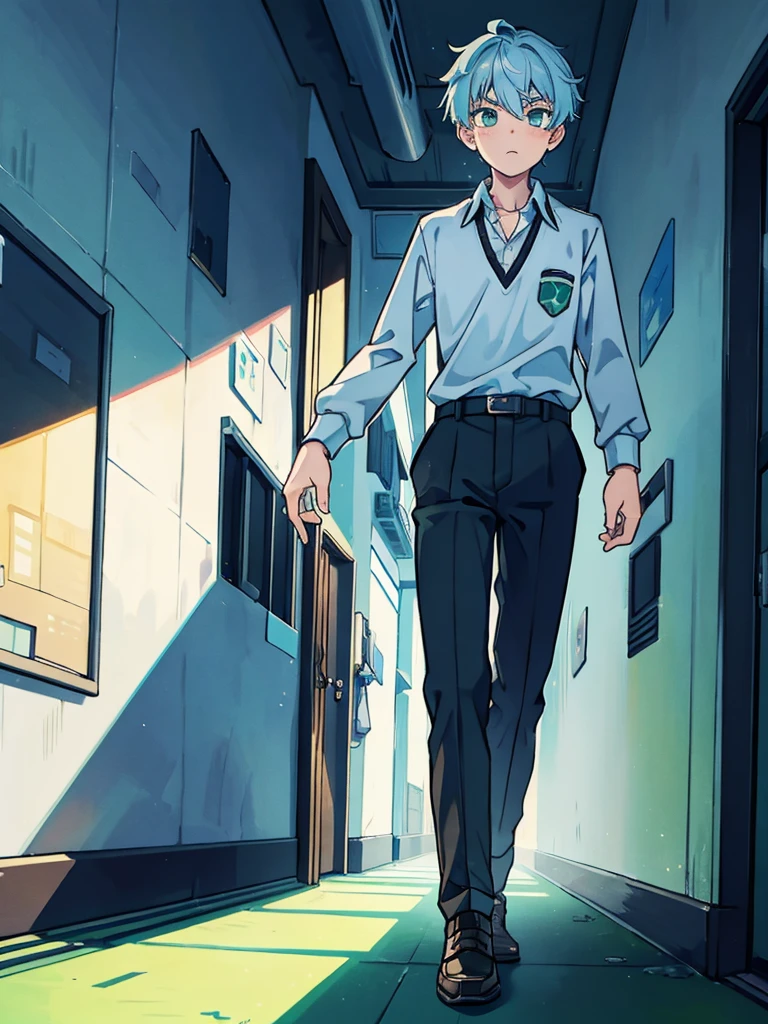 A 14 year old boy, Named: Nathan, With light blue hair, wearing black pants, green eyes, he has a normal and a little funny personality, he likes normal things, wearing a school uniform, Standing in the school hallway.