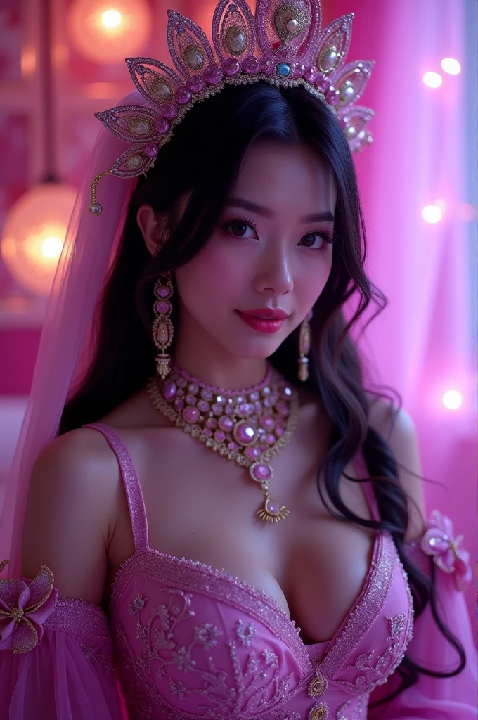 ((Highest quality、Masterpiece、8k、Best image quality、Extremely intricate and detailed))、(The most gorgeous and high-end Japanese prostitute princess:1.1)、(The most gorgeous Japanese prostitutes in their finest outfits:1.1)、The most vibrant and luxurious prostitute costumes、(An unimaginably luxurious goddess' room:1.1)、(Sparkly purple and pink princess room:1.1)、The most luxurious purple and pink room、Purple and pink gemstones、A glittering room decorated with many jewels、Night room、Very intricate decoration、A very transparent goddess' room、Perfect Makeup、Long eyelashes、lipstick、Pink Eyeshadow、Perfect Anatomy、Ultra-high definition glossy skin、Ultra-high definition glossy lips、Ultra HD Hair、Ultra high definition beauty face、Ultra-high definition sparkling eyes、Long Hair、(A beautiful, captivating smile staring at me:1.1)、(The most romantic and moody:1.1)、(Tyndall effect:1.1)、(The most moody and lewd lighting:1.1)