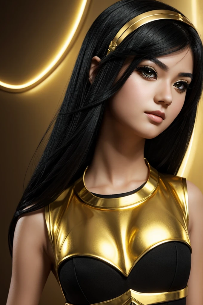 A girl with black hair with gold eyes but a design from my hero academy