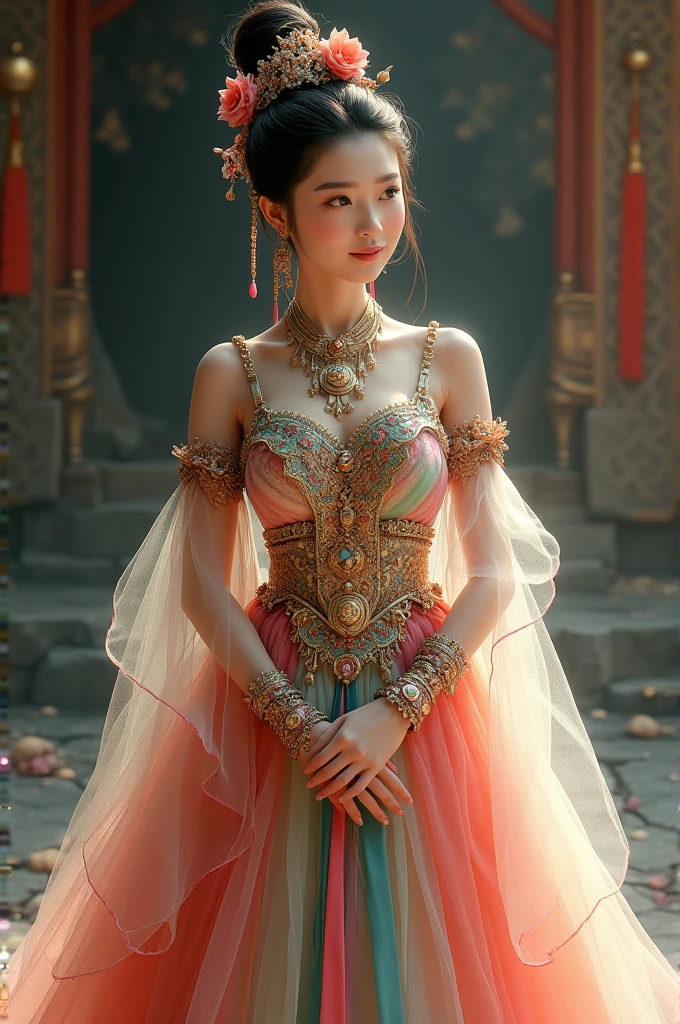 Cinderella with coins gold , gorgeous costumes embroidered with intricate embroidery, flowing tulle, transparent long colorful ribbons tied on the arms, inspired by Dunhuang Flying Apsaras murals, showing navel, bare shoulders, bare neck, hair in a high bun with flower hairpins, ribbons on arm rings, wreaths, bracelets, anklets, metal chain tassels on the waist, Mogao Grottoes art, ink painting, cgstation pop, in the night castle, ((fullbody)), ((super realistic))