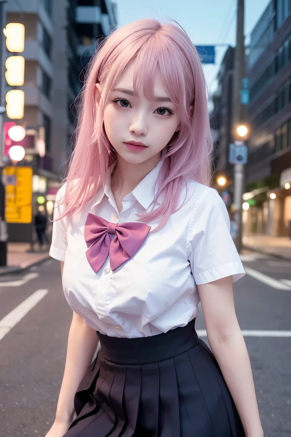 (32K, RAW photo, best quality, mastery:1.3),(realistic,photo-realistic:1.37),(night),(looking viewer:1.331),(pink silver hair),posing,Tokyo street,nightcityscape,Cyberpunk City ,softlighting,1girl,Extremely beautiful face,Bust,put down hands,smiled,Alvine,(Short-sleeved JK_shirt),JK_style,(Navy JK_skirt),(Bow JK_tie),mix4,Messy Hair,Light makeup,Prostitute,A young, slim, beautiful girl,Beautiful nipples,