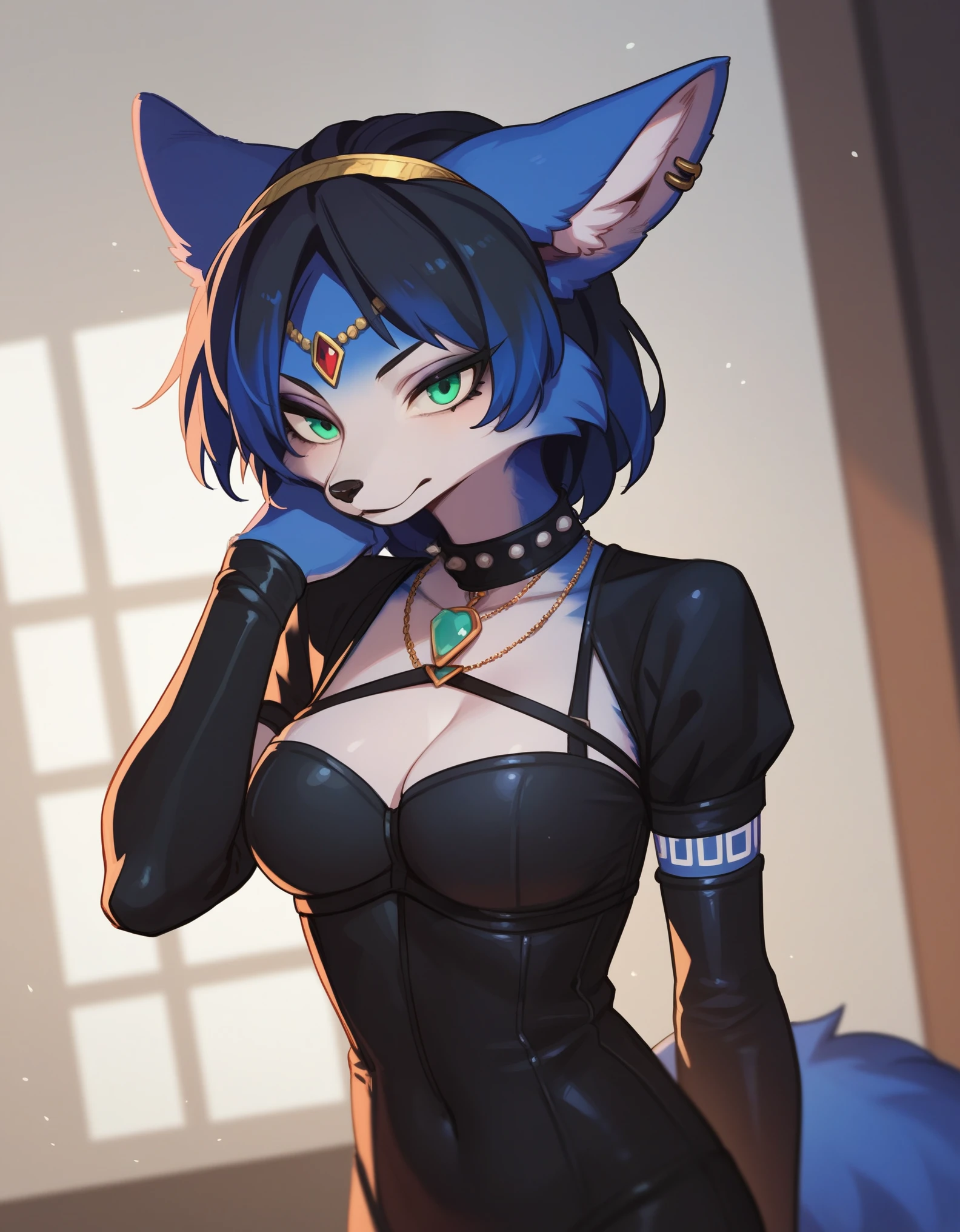 Kemono style, Solo, score_9,score_8_up, score_7_up, Anthro Fox girl, Krystal, green eyes, black hair, blue highlights in hair, standing, wearing goth outfit