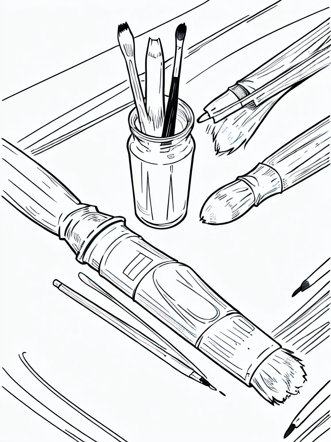 a paintbrush, closeup Line art, monochrome, clean lines, black and white, his summer, coloring book page,