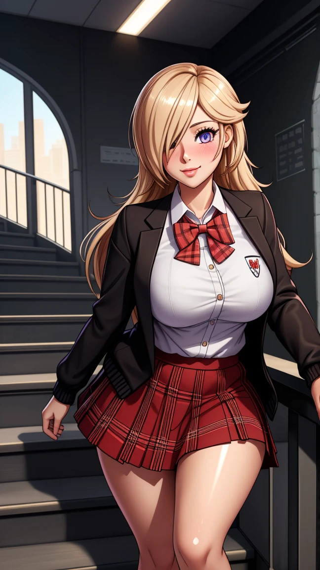 ((mesa, Best Quality, High resolution, NffSW, pixel perfect, 4k, NffSW, NffSW))), 1 girl in, single, Alone, beauty、full body seen、 ((Long shiny straight hair, hits, For the blue, with a ponytail and a red ribbon in her hair)), ((with purple eyes, Beautiful eyelashes, realistic eyes)), ((detailed face, blush:1.2)), ((Smooth texture:0.75, realistic texture:0.65, photorealistic:1.1, cg anime style)), big breasts, dynamic angle, perfect body, ((red bow tie, School uniform, black jacket, open jacket, brown cardigan, White shirt, black skirt, plaid skirts)), city staircase、Looking up from the bottom of the stairs.、Very embarrassing panic smile., turned around、bending forward、Touch the buttocks with both hands、round butt tits, perfect curves.