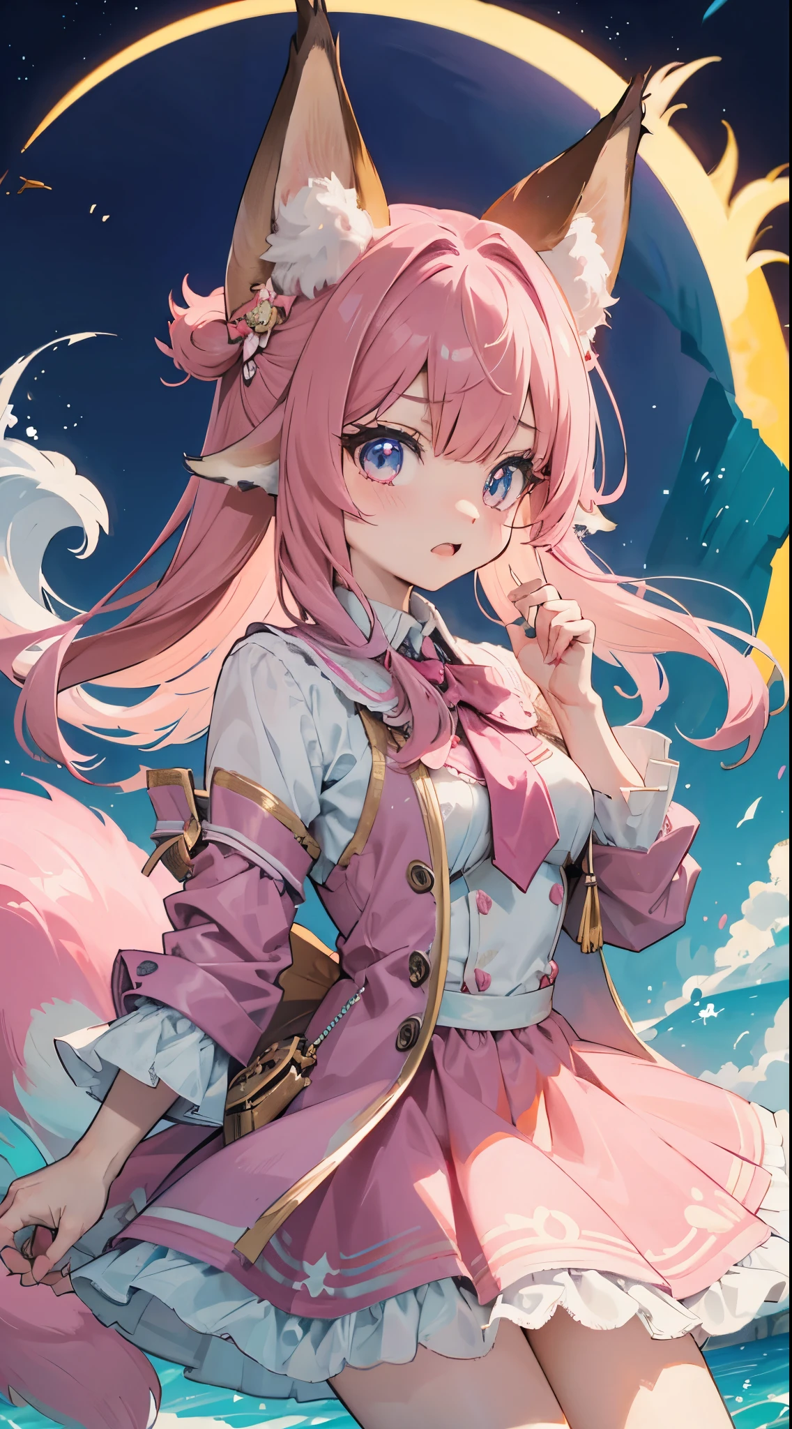 Fox Girl，Fox ears，Fox Tail，Big furry tail，Big furry ears，大号Fox ears，巨大Fox ears，Big furry ears，Pink Hair，Panic and timid expression，Nervous expression，Panic expression，Pink hair，Pink Hair，Long hair，Wearing hair，style of magical girl洛丽塔服装，Pink Lolita costume，Pink dress，style of magical girl，Sister，cute，Shy