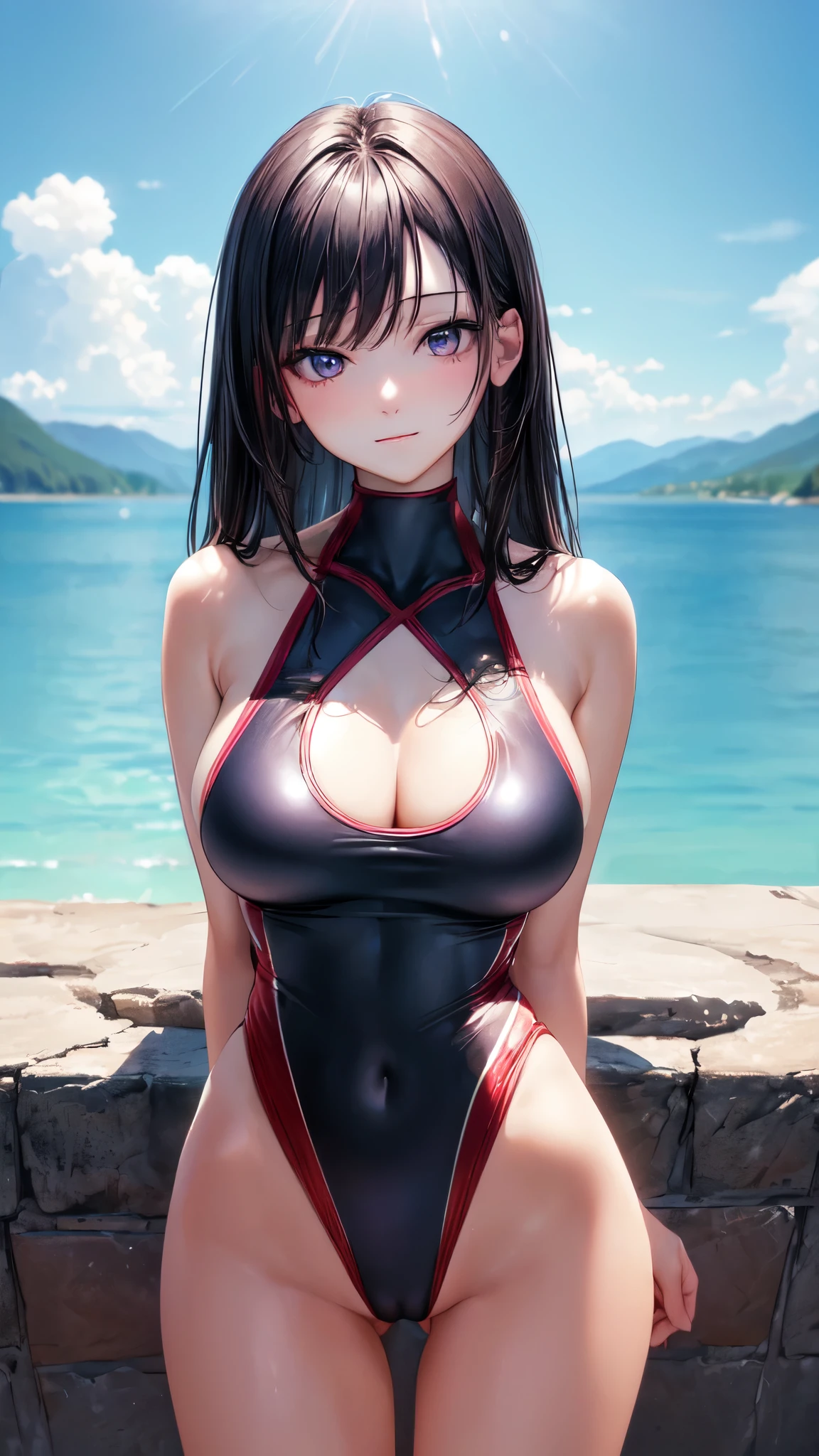 (((masterpiece,best quality,ultra detailed,high resolution))),(daytime,clear weather,front light),((solo)),looking viewer,((2-girls,
beautiful girls)),(age),(black hair,beautiful hair),(beautiful detailed face,beautiful detailed eyes),(finely detailed skin,fair skin),slender,light smile,shy,(one-piece competition swimsuit,scarlet red swimsuit),(in the beautiful lake,beautiful sky),((cowboy shot)),(medium breast,perky breast,medium hip),(cameltoe),(symmetrical docking,panorama,arms behind back),