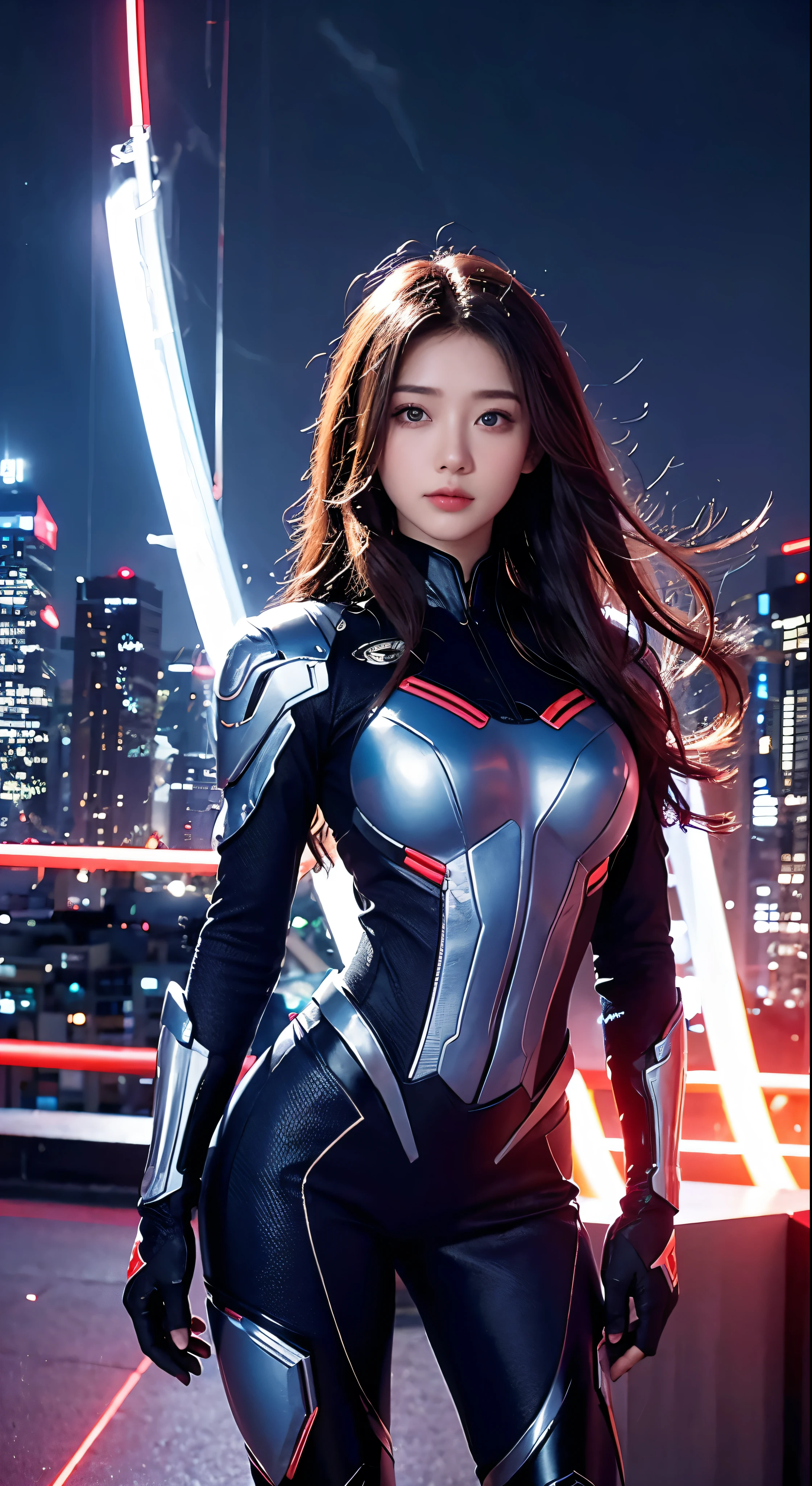 (Representative works)、Image of a flying superwoman，Highest quality、girl、Flying over a cyberpunk city　1girl、flying over stunning cityscapes、White armored suit with the letter S on it、Chestnut Hair、Neon colorの流れ星、Very long hair、Facial details、Feather ornament、Neon color、flash、Stunning night sky、Cinematic lighting、Photorealistic、Realistic Style、HDR、Full body high quality images