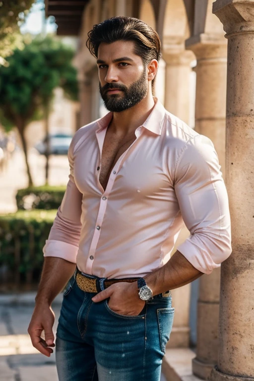An illustration of a Greek god with a muscular build and a short beard., HdR., Styled in modern western attire., Profile,. He has a diferent color pink shirt and diferent colors jeans, strong and muscular legs, big lump .. real, realistic expression is confident and charming..............short hair.............., with a hint of a smile. The setting is Delphi, with white flowers..........................., evoking a classic cold atmosphere, without ceasing to maintain the powerful and regal aura of the god.ojos perfectos,
Big ass, pelo corto , nalgon, close up, chaleco color apricot and white con adornos dorados.metalicos, gran hebilla del cinturón dorada super fashion moda todo adorable, 30 años de edad