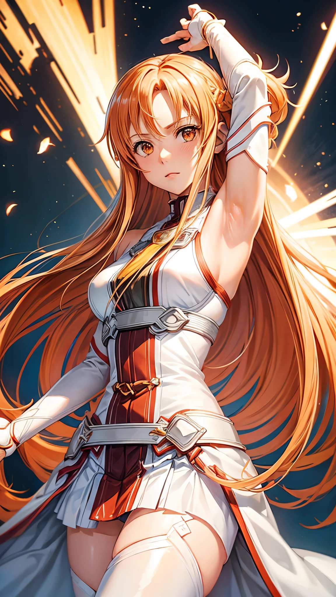 masterpiece, Highest quality, One girl, Has long orange hair and orange eyes、Anime girl in white armor and white pants, Yuuki Asuna from sword art online, Yuuki Asuna, Show both armpits, Armpit details, Detailed face, Detailed eyes
