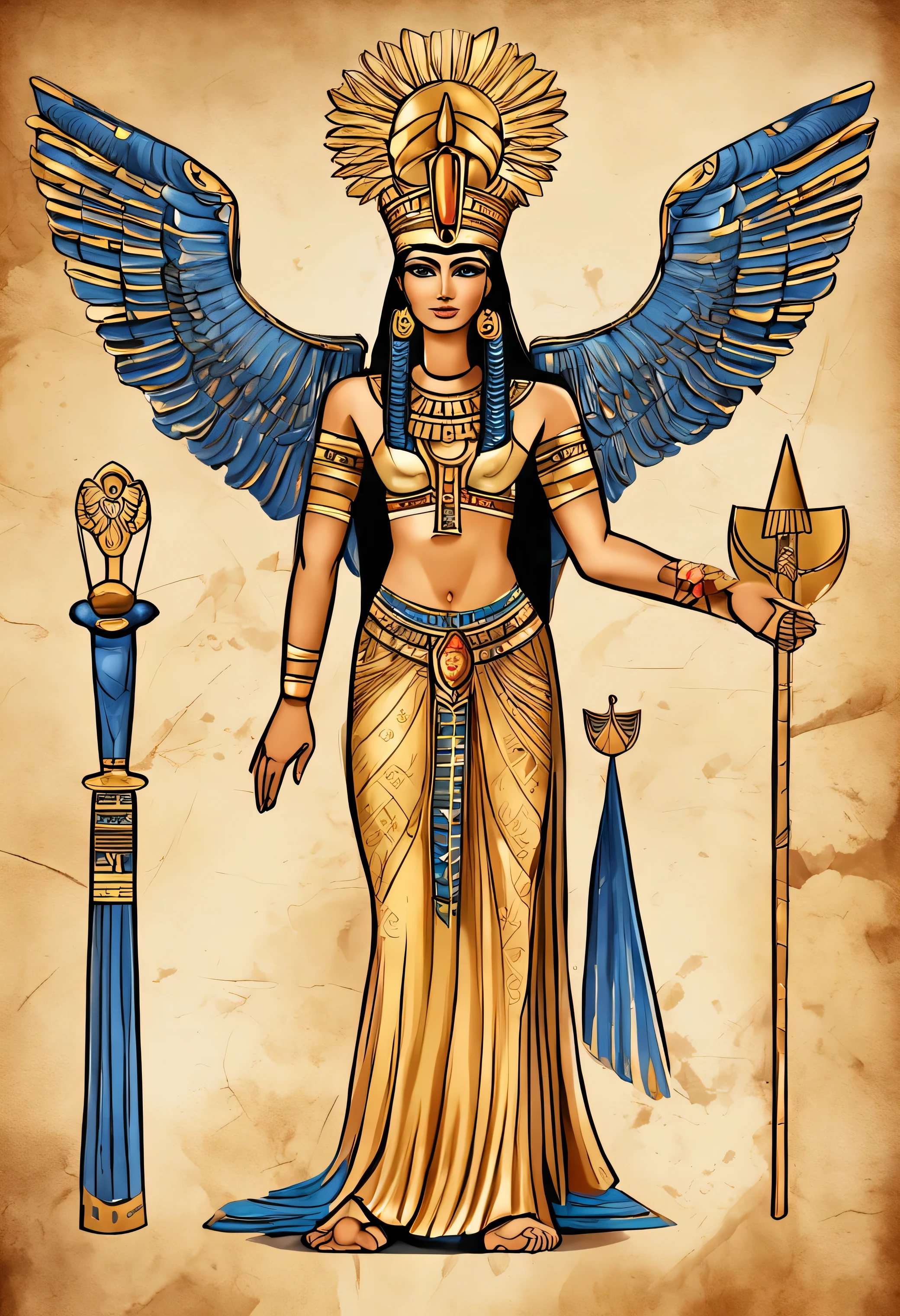 Isis: Main goddess of the Egyptian pantheon dressed in gold and golden makeup with arms and wings spread, in the style of the Egyptian gods,  depicted with a throne-shaped head adornment, a reference to Osiris. coberto de jewelly de luxury, jewelly, luxury, EGYPTIAN SYMBOLS, jewelly de pintores e escultores, High details, realisitic, Ultra intricate detailing, 8k, cinematic lighting, cinematographic. Image with a resolution of at least 300dpi