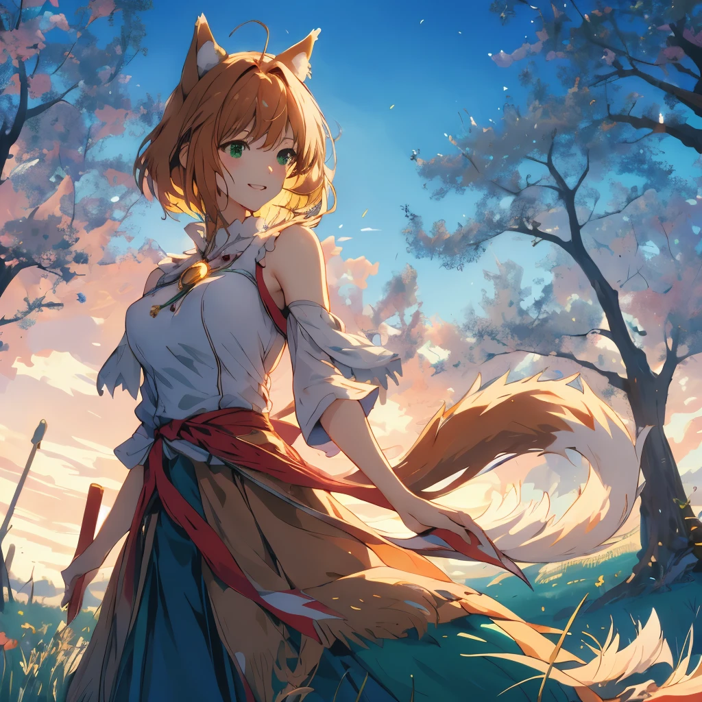 master piece, Best Quality, A high resolution, top-quality, Anime style, The best lighting, Beautiful face, kinomoto sakura, 1woman, tall, 30 years old, large breasts, light brown hair, very Short hair, shoulder length hair, Antenna Hair, Green eyes, frills, dynamic angle, wolf ears and tail, confident smile, vibrant colors, green meadows, , looking at viewer, green grass, open plains, trees in the distance, blue skies,