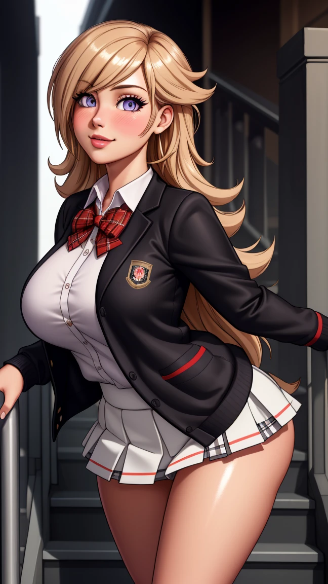 ((mesa, Best Quality, High resolution, NffSW, pixel perfect, 4k, NffSW, NffSW))), 1 girl in, single, Alone, beauty、full body seen、 ((Long shiny straight hair, hits, For the blue, with a ponytail and a red ribbon in her hair)), ((with purple eyes, Beautiful eyelashes, realistic eyes)), ((detailed face, blush:1.2)), ((Smooth texture:0.75, realistic texture:0.65, photorealistic:1.1, cg anime style)), big breasts, dynamic angle, perfect body, ((red bow tie, School uniform, black jacket, open jacket, brown cardigan, White shirt, black skirt, plaid skirts)), city staircase、Looking up from the bottom of the stairs.、Very embarrassing panic smile., turned around、bending forward、Touch the buttocks with both hands、round butt tits, perfect curves.