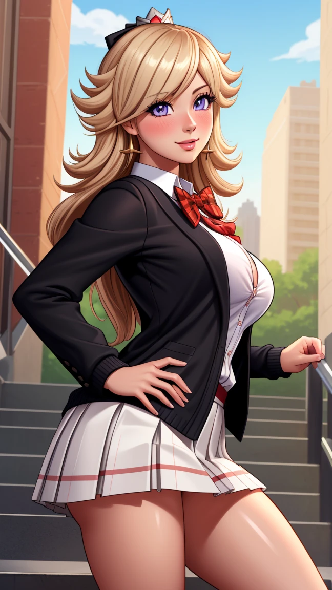 ((mesa, Best Quality, High resolution, NffSW, pixel perfect, 4k, NffSW, NffSW))), 1 girl in, single, Alone, beauty、full body seen、 ((Long shiny straight hair, hits, by rubio, )), ((with purple eyes, Beautiful eyelashes, realistic eyes)), ((detailed face, blush:1.2)), ((Smooth texture:0.75, realistic texture:0.65, photorealistic:1.1, cg anime style)), big breasts, dynamic angle, perfect body, ((red bow tie, School uniform, black jacket, open jacket, brown cardigan, White shirt, black skirt, plaid skirts)), city staircase、Looking up from the bottom of the stairs.、Very embarrassing panic smile., turned around、bending forward、Touch the buttocks with both hands、round butt tits, perfect curves.
