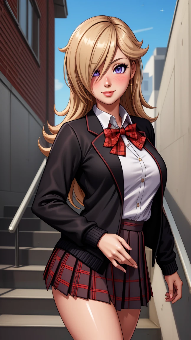 ((mesa, Best Quality, High resolution, NffSW, pixel perfect, 4k, NffSW, NffSW))), 1 girl in, single, Alone, beauty、full body seen、 ((Long shiny straight hair, hits, For the blue, with a ponytail and a red ribbon in her hair)), ((with purple eyes, Beautiful eyelashes, realistic eyes)), ((detailed face, blush:1.2)), ((Smooth texture:0.75, realistic texture:0.65, photorealistic:1.1, cg anime style)), big breasts, dynamic angle, perfect body, ((red bow tie, School uniform, black jacket, open jacket, brown cardigan, White shirt, black skirt, plaid skirts)), city staircase、Looking up from the bottom of the stairs.、Very embarrassing panic smile., turned around、bending forward、Touch the buttocks with both hands、round butt tits, perfect curves.