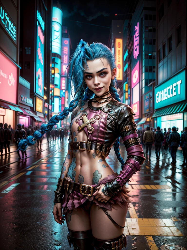 ((Jinx wears a Harajuku Tech costume), Cowboy-shot, wind, tousled head, Cyberpunk cityscape, (Aesthetics and atmosphere:1.2), springerstiefel, smiling, Laugh,Super wide shot