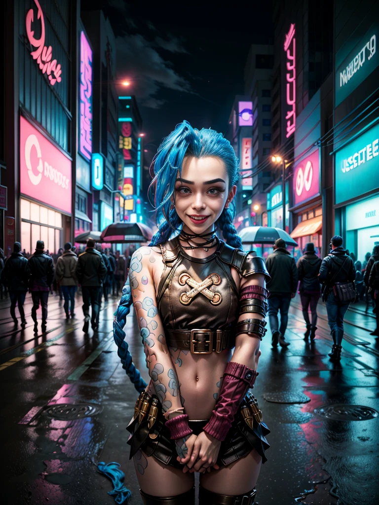 ((Jinx wears a Harajuku Tech costume), Cowboy-shot, wind, tousled head, Cyberpunk cityscape, (Aesthetics and atmosphere:1.2), springerstiefel, smiling, Laugh，Super wide shot